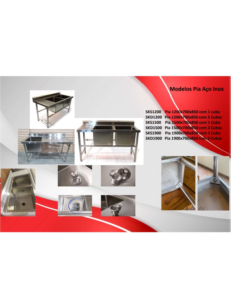 PIA AÇO INOX 1,90 X 0,70 X 0,85CM COM 2 CUBAS 50 X 50 X 35CM - URUMAX
