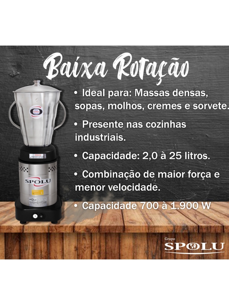 LIQUIDIFICADOR INDUSTRIAL BAIXA ROTAÇÃO 2 LITROS - BIVOLT - SPOLU